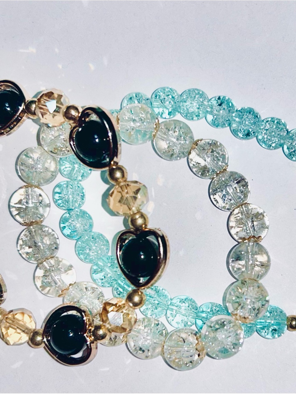 New 3 Bracelets Teal & Clear Beaded Stretch Bracelet Set with Gold Heart Accents